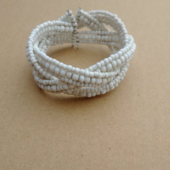 4/$20 White braided woven beaded cuff bracelet shell look - Picture 7 of 9